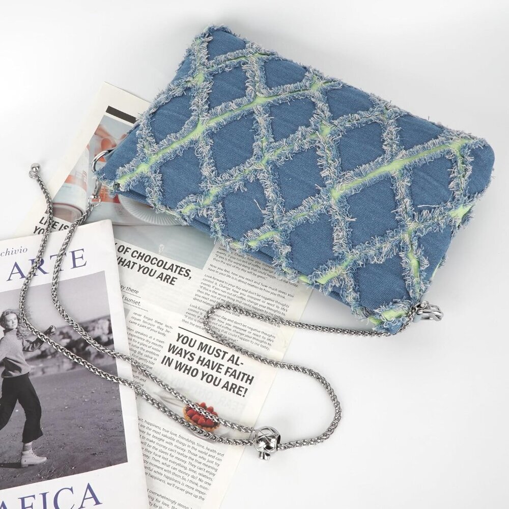 Women Denim Mini Bucket Crossbody Bag Quilted Distressed Tassel Purse - Picture 6 of 7